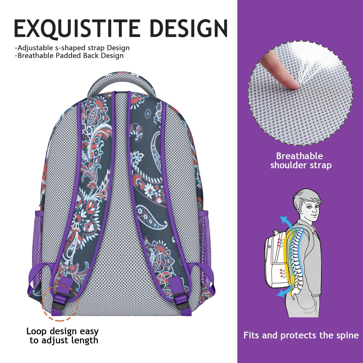 Bohemian Waterproof School Backpack - Ethnic Floral Paisley Design & Spinal Support for College Students
