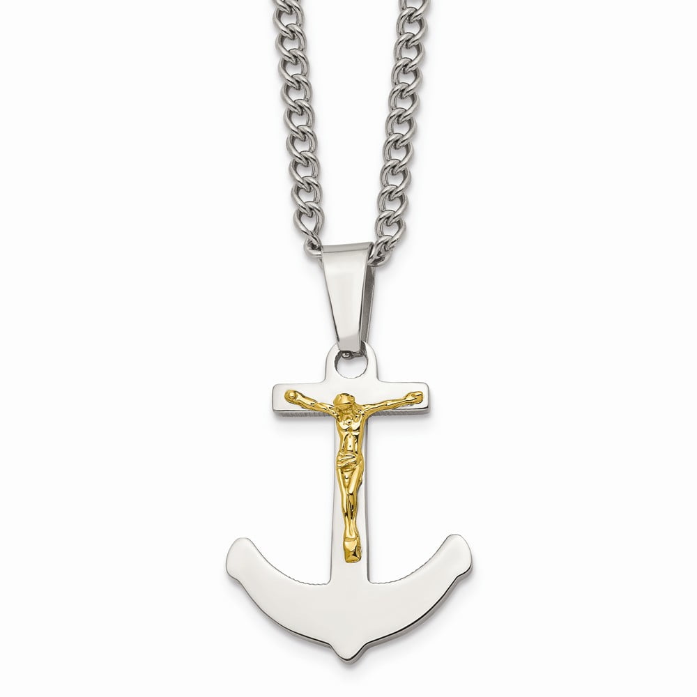 Solid Stainless Steel Men's 14k Gold Men's Cross Crucifix Anchor
