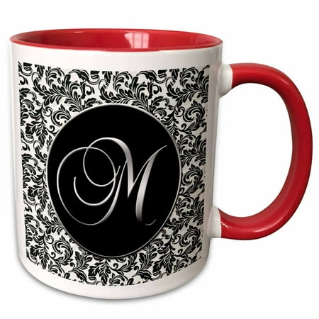 

3dRose Letter M - Black and White Damask - Two Tone Red Mug 11-ounce