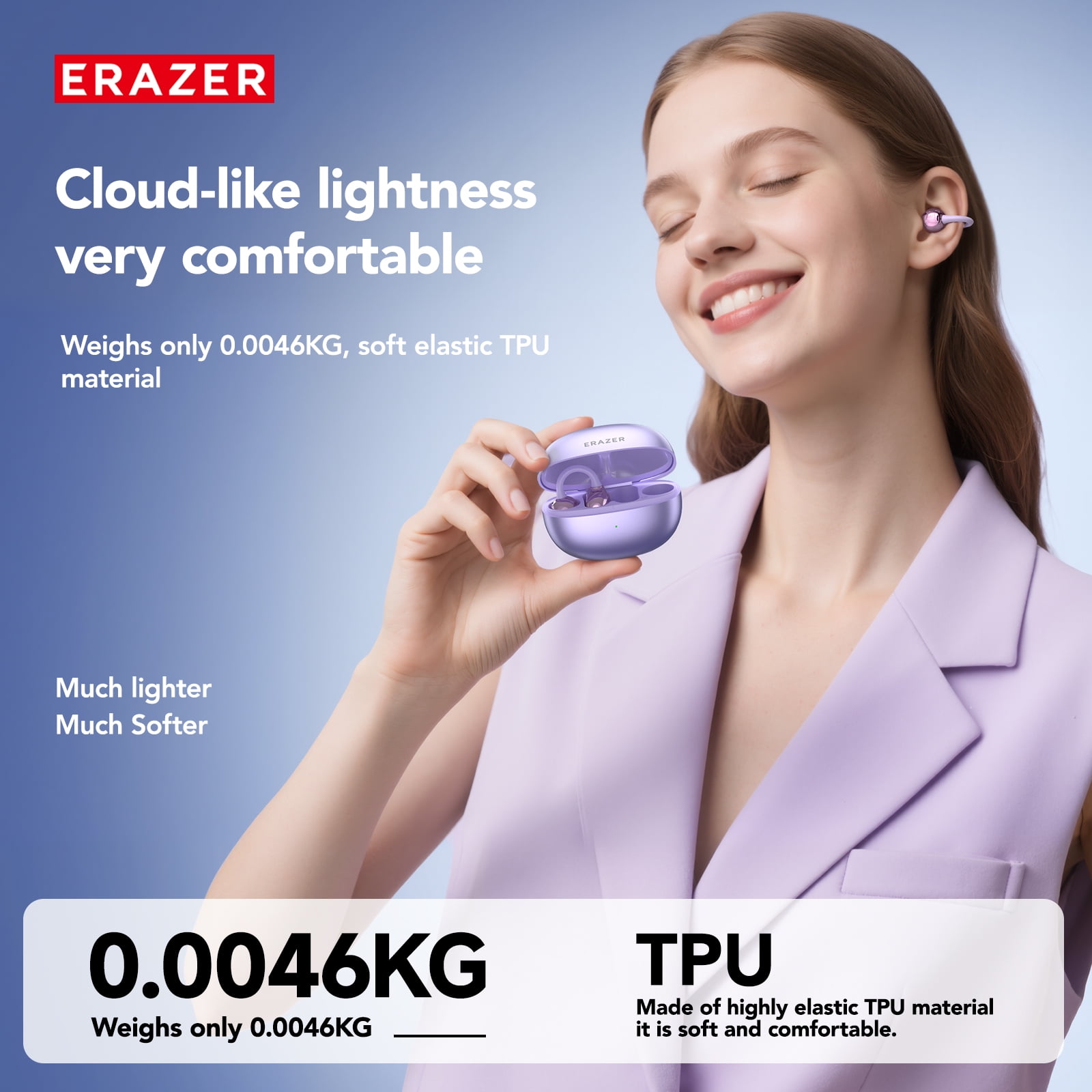 ERAZER XF36 Clip-On Wireless Earbuds, Bluetooth 5.4, 40H Playtime, IPX5 Waterproof Sports Headphones, Purple + Earbud Case