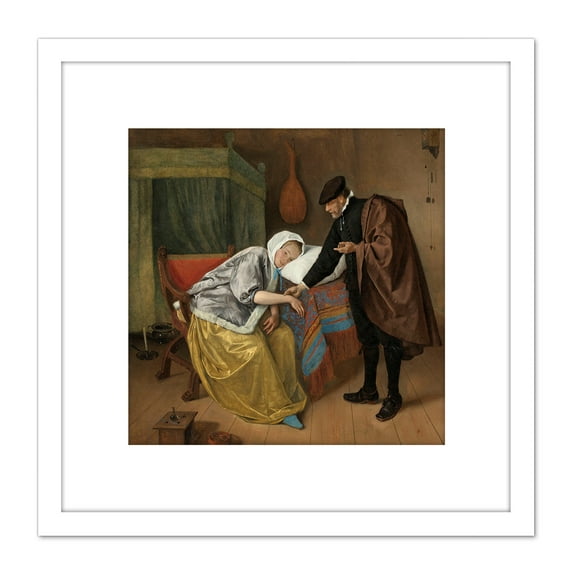 Steen The Sick Woman Doctor Painting 8X8 Inch Square Wooden Framed Wall Art Print Picture with Mount