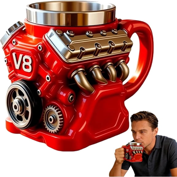 V8 Engine Coffee Mug, Engine Themed Stainless Steel Coffee Cup with Double Wall Insulation & Handle, Retro Engine Mug Gift for Mechanics, Car Lovers & Auto Enthusiasts