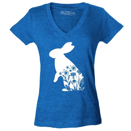 Shop4Ever Women s Easter Bunny Rabbit with Spring Flowers Slim Fit V-Neck T-Shirt Small Heather Royal Blue