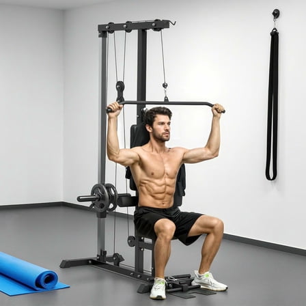 Resenkos Lat Pulldown Machine with High/Low Pulley, Adjustable Seat and Flip-Up Footplate - Black