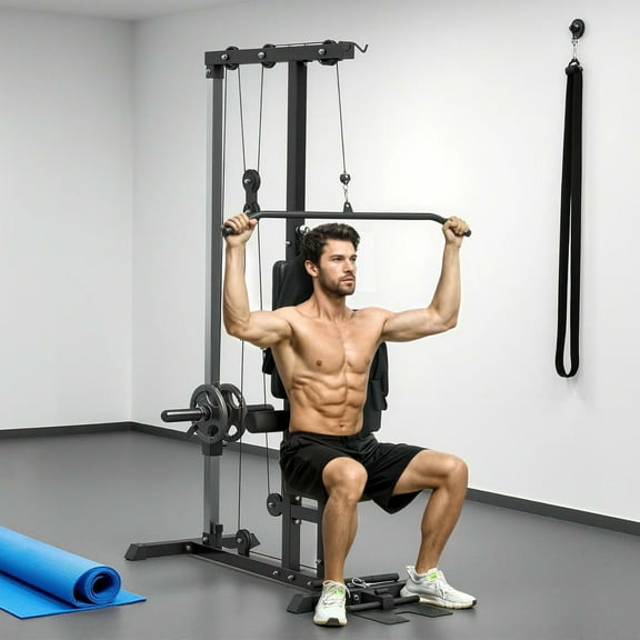 Resenkos Lat Pulldown Machine with High/Low Pulley, Adjustable Seat and Flip-Up Footplate - Black