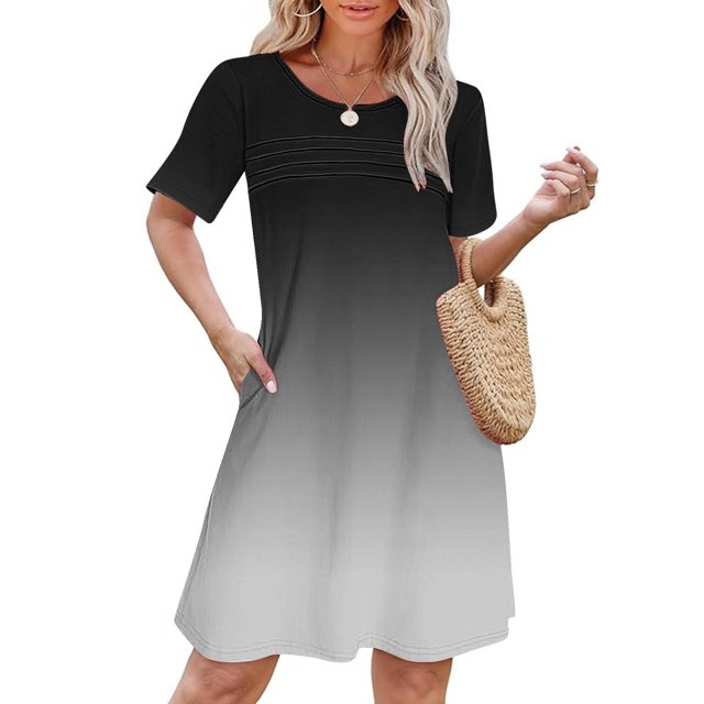 Liquidation d'Été 2025! Robe Grande Taille pour Femmes, Liquidation d'Été pour Femmes, Robe d'Été Dégradée à Manches Courtes, Col Rond, Plissée à l'Avant avec Poche