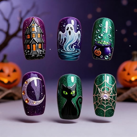 YuYoulan Animal Web Glitters Press On Nail Halloween 24 Piece False Nail Kit with Haunted House Horror Art, ABS Nail for Party Manicures