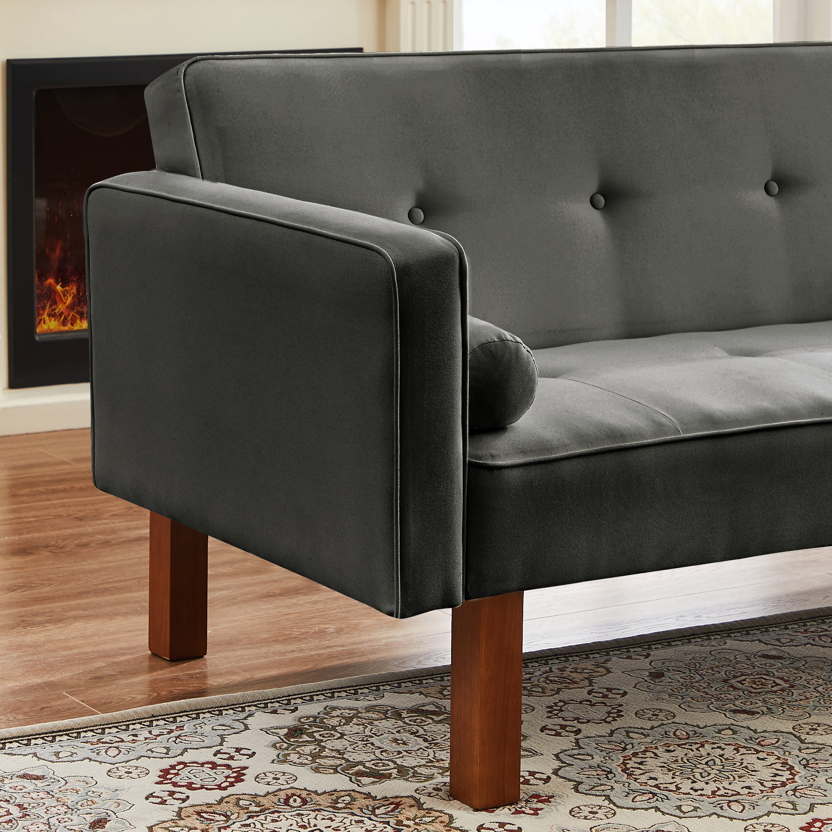 Futon Sofa Bed,Modern Dark Gray Convertible Couch Bed with Armrests,Fabric Linen Sofa Bed,Folding Recliner Futon Sleeper Sofa