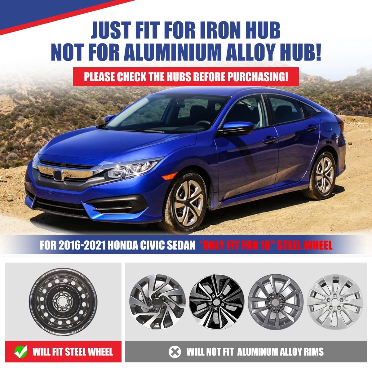 4 Pack 16" Hubcaps Wheel Rims Cover for 2016-2025 Honda Civic Sedan,Compatible with Steel Wheels Snap on Installation ABS+PCSilver Lacquer & Black Lacquer