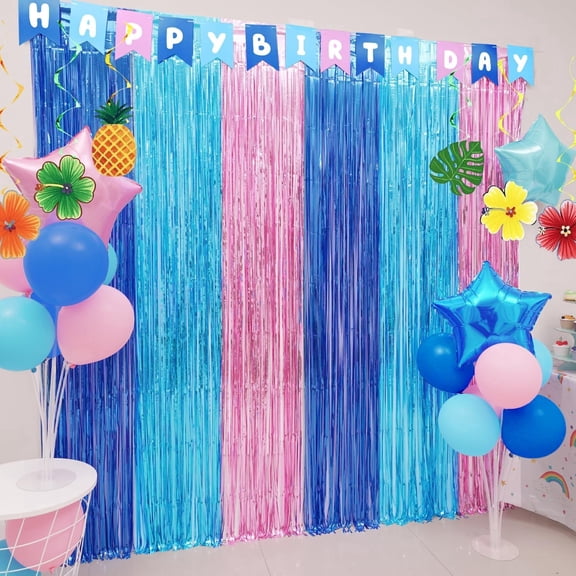 2 Pack Luau Party Photo Booth Props Birthday Decorations, Blue Pink Fringe Curtains Tinsel Photo Streamers Backdrop for Birthday Party Supplies