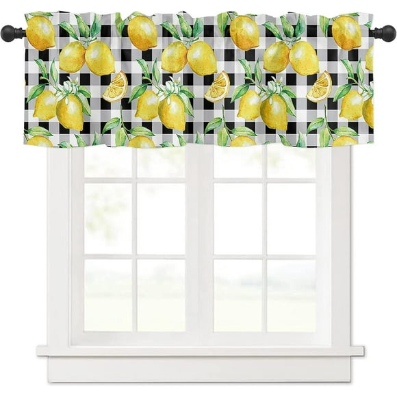 Cantonnière de Fenêtre à Fruits Frais Aquarelle, Panneau à Passe-Tringle pour Fenêtres de Cuisine et de Chambre, Citron Jaune sur Carreaux Buffalo Noirs, Cantonnières à Carreaux, Rideau Court, Traitement de Salle de Bain, Draperies