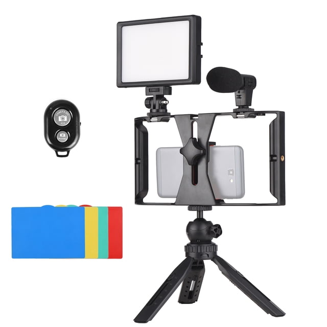 Jaula de vídeo Andoer Smartphone Video Rig Vlog Kit que incluye jaula para teléfono inteligente con abrazadera para teléfono 3 soportes de zapata fría + Luz de video LED USB 3200K-5600K con 5 filtros Abanopi Jaula de video