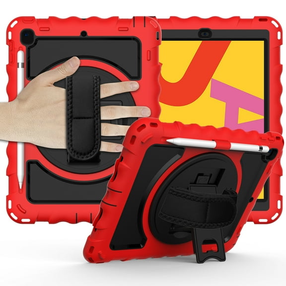 Case For Apple New iPad 9.7 inch Hybrid 3in1 Rugged Built-in Kickstand 360° Rotatable Stand & Shoulder Hand Strap Corner Shockproof Tablet Cover [ Red ]