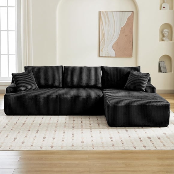IdealHouse 96" Large Comfy Fluffy Corduroy Sofa, l Shaped Cloud Sectional Sofa, 3 Seat Modern Upholstered Corner Couch with 2 Pillows, Left Hand Lounge for Living Room, Office