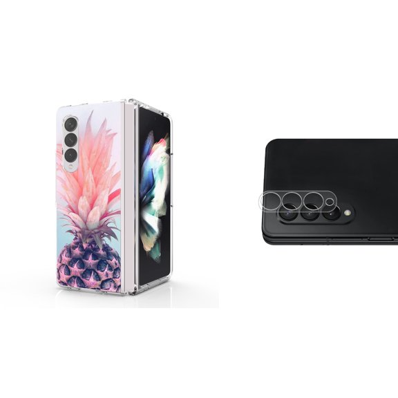 Accessory Bundle for Galaxy Z Fold 4: Slim Snap-On Case (Cool Pineapple), Rear Camera Glass Protector