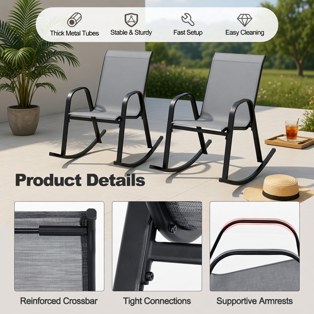 Hommoo 2-Pack Modern Metal Rocking Chairs for Patio, Rust-Resistant Steel Frame, Breathable Fabric Seat, Outdoor Rockers with Safety Stopper, Gray