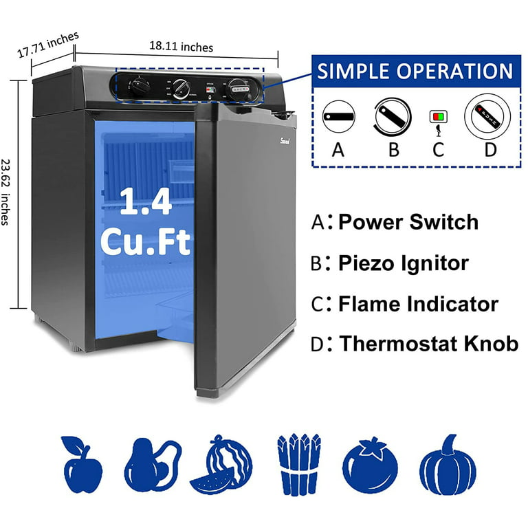 SMETA 1.4 Cu ft Mini Fridge, 3-Way RV Propane Compact Refrigerator for RV,  Truck, Trailer