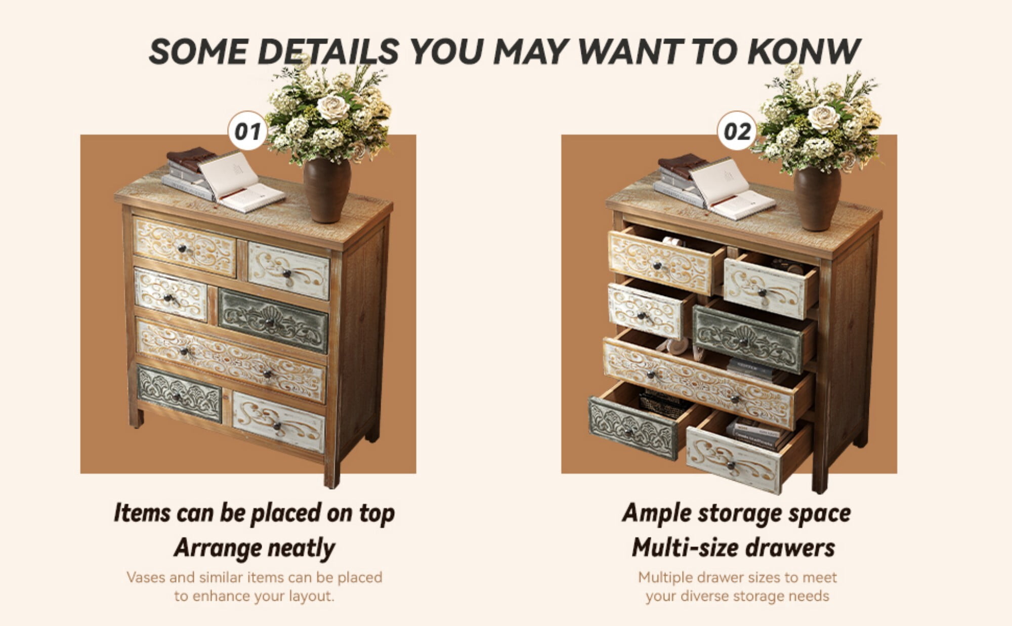 AENKYO Vintage 7-Drawer Dresser, Carved Wood Storage Chest, Distressed Finish for Bedroom & Living Room Farmhouse Decor