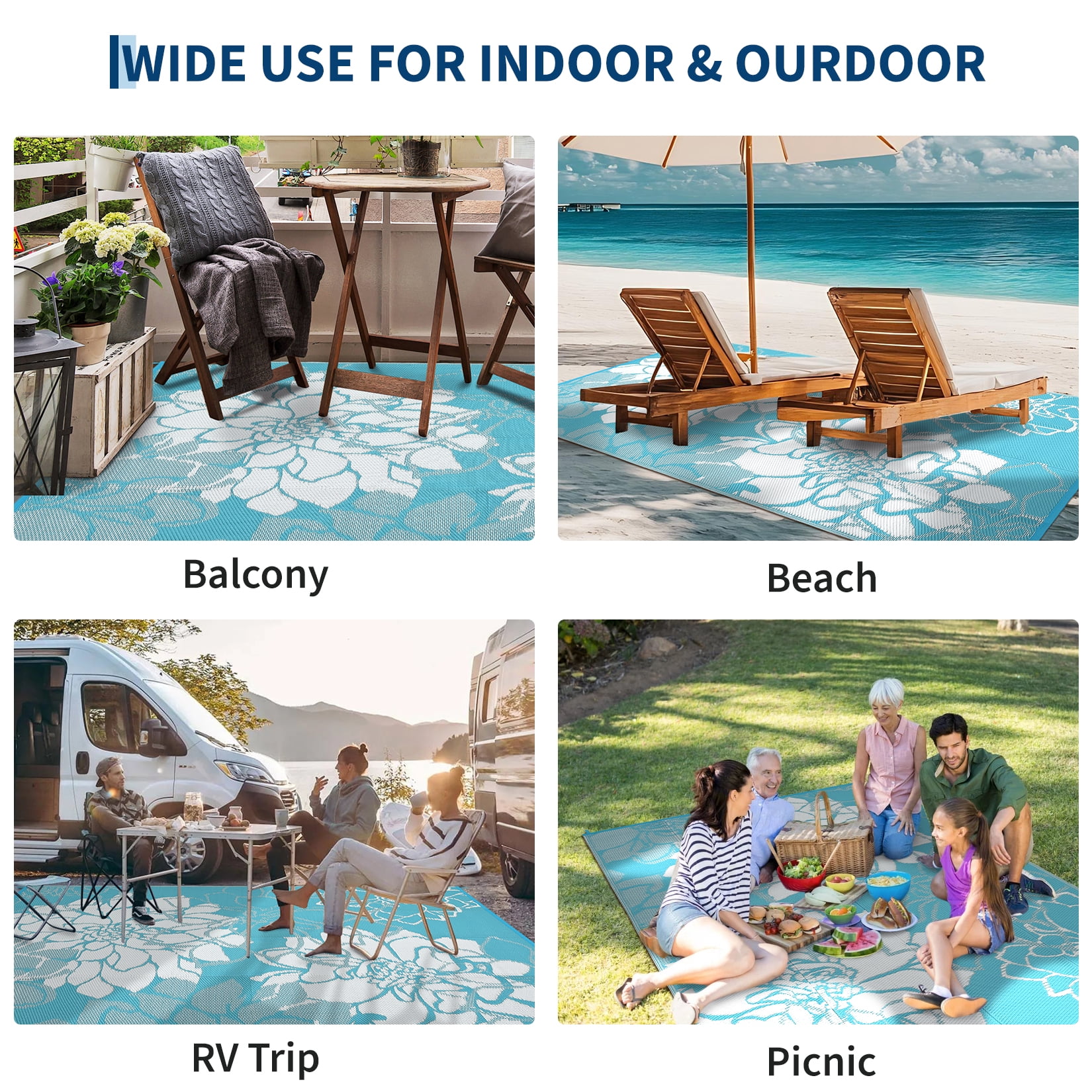 Garvee Waterproof Outdoor Rug 8'x10' Modern Floral Patio Carpet, Reversible Plastic Straw Rug Foldable RV Camping Mat with Stakes for Patio Balcony Deck Backyard, Light Blue