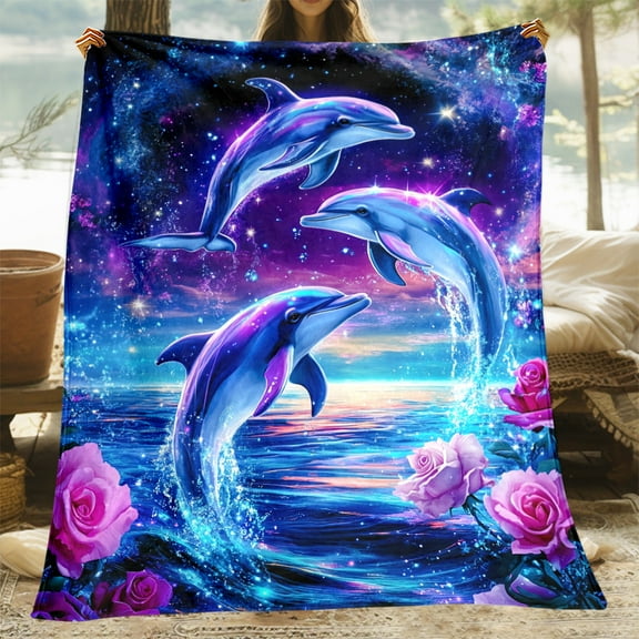 1pc Cartoon Dreamy Dolphin HD Printed Lightweight Flannel Throw Blanket - Adult Gift for Family or Friends - Polyester Knitted All-Season Sofa, Office, Bed, Travel, Camping, Car Comfort with Unique P