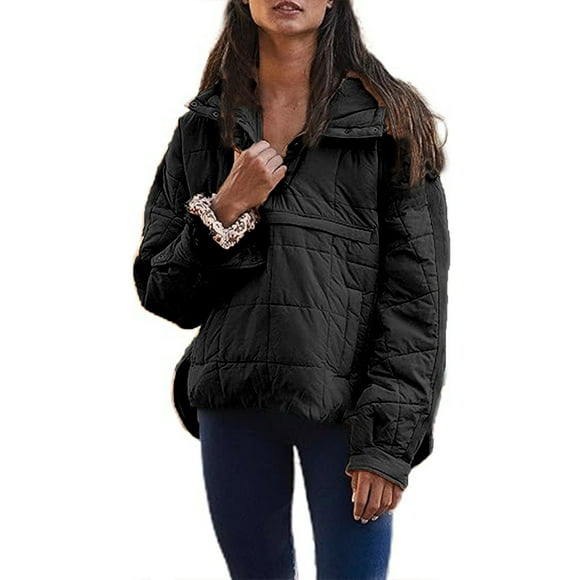 Bwiyojiz Fashion Clothing Sizes S-XXL Cotton Womens Jackets Winter Women's Pullover Puffer Jackets Quilted Sleeve Uniform Solid Color Casual Warm Hoodie Padded Coat with Pocket, Black, XL