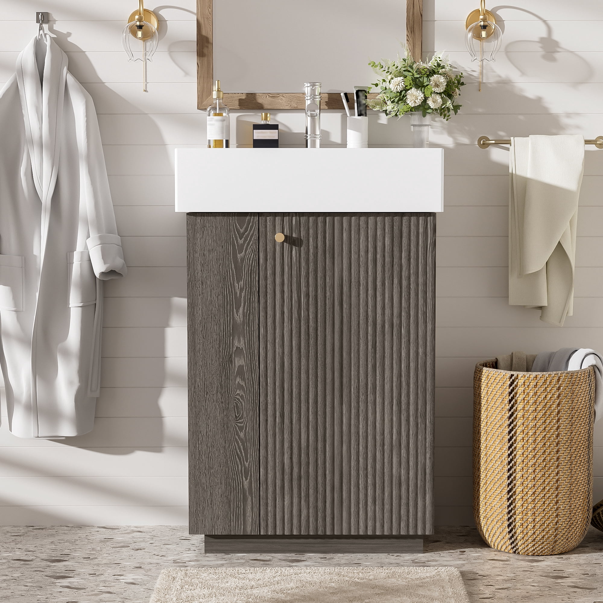 MODERNLUXE 21.6 Inch Bathroom Vanity with Ceramic Sink, Undermount Vanity Sink Cabinet with Soft Closing Door,Free Standing Bathroom Storage Cabinet with Right Door Open for Small Space,Dark Grey