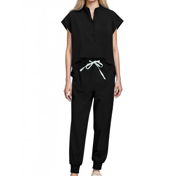 UPPADA Womens Pant Sets 2 Piece Outfits Dressy Casual Cap Sleeve Shirts and Long Jogger Sets for Ladies 2 Piece Lounge Sets Black,L