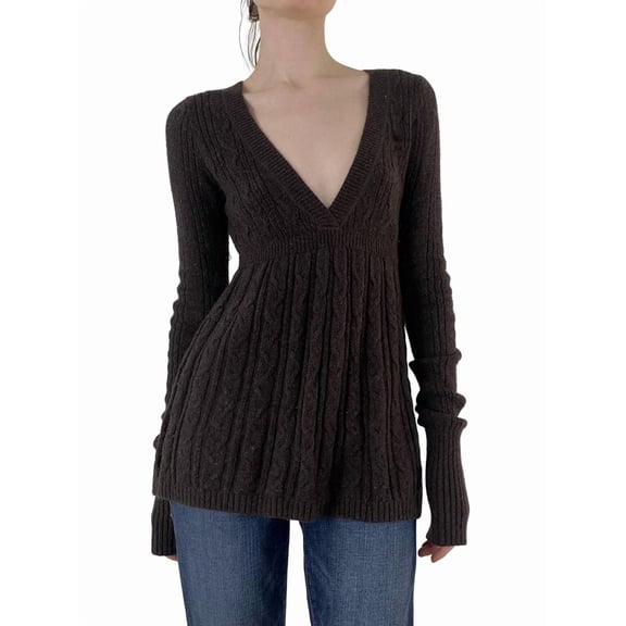 Women'S Cable Knit V Neck Sweater Slim Fit Long Sleeve Knitwear Casual Pullover Jumper Tops Brown S