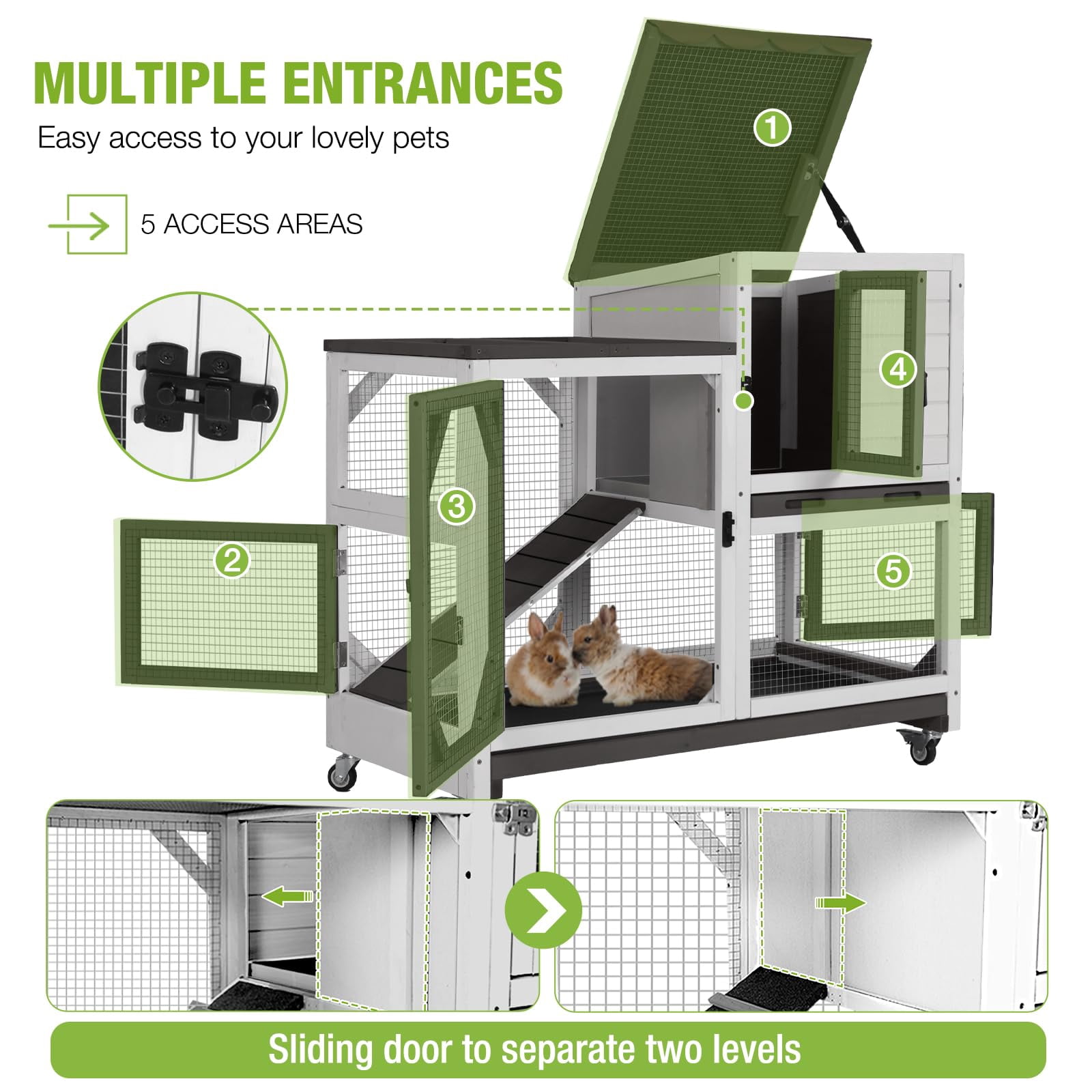 Aivituvin 2-Story Rabbit Hutch with Wheels, Indoor Outdoor Rabbit Cage with Ramp & Leak-Proof Trays for Rabbits, Guinea Pigs, Black&White