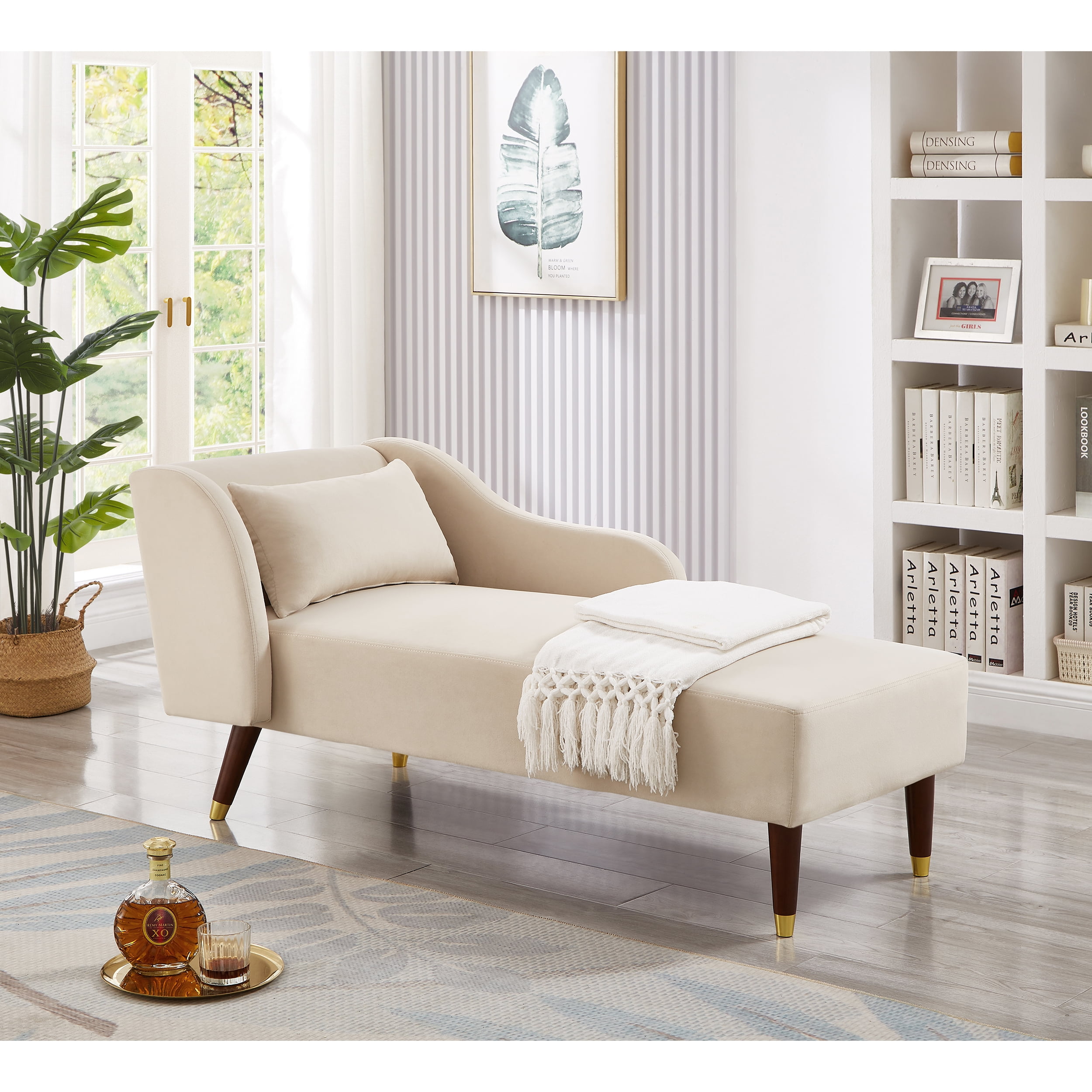 Miniyam Velvet Chaise Lounge, Upholstery Accent Chaise Chair with Pillow for Living Room Bedroom, Left Armrest, Beige