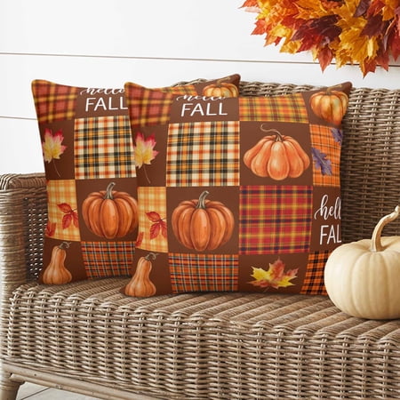 Hello Fall Patchwork Pillow Covers 2 Pack Country Pumpkin Maple Leaf Orange Brown Plaid Pillowcase Waterproof Outdoor Throw Pillow Cover for Patio Garden Balcony Decorative Square Cushion 18 x18