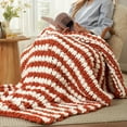 thumbnail image 4 of Chunky Knit Throw Blanket for Couch, Soft Chenille Crochet Blanket for Sofa, 50"x60", Burnt Orange & White Striped, 4 of 15