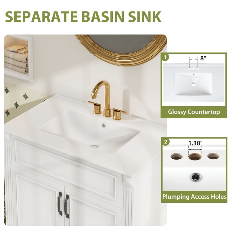 Gianna 30" Bathroom Vanity with Sink, Bathroom Storage Vanity Sink with 2 Doors, Farmhouse Wooden Free Standing Bathroom Cabinet with Sink, Easy Assembly, NO Mirror Faucet (White)