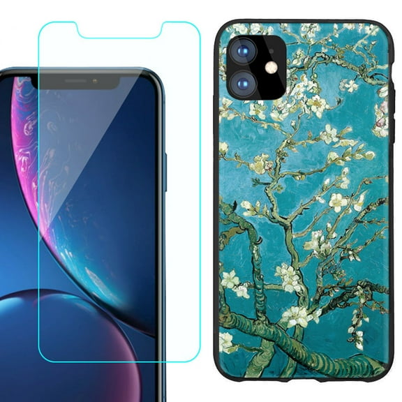 For Apple iPhone 11 Phone Case , Slim-Fit TPU Protective Case (Black), with Tempered Glass Screen Protector, by OneToughShield ® - Almond Blossom