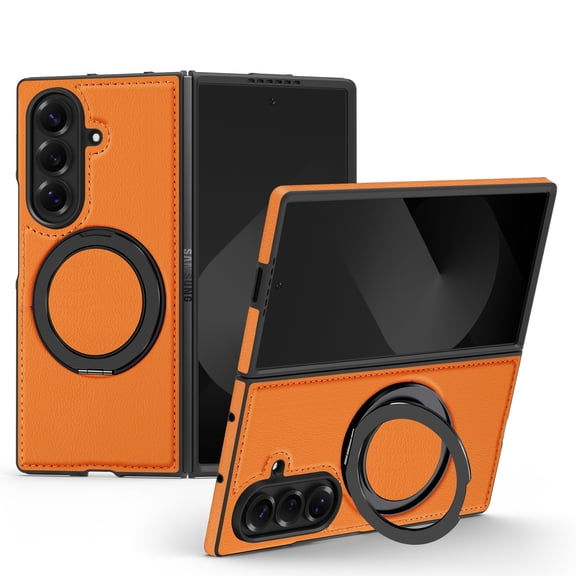 Leather Case for Samsung Galaxy Z Fold 7, Support Wireless Charging, 360 Spin Magnetic Stand Shockproof Protective Magnetic Case, Military Protection for Samsung Z Fold7, Orange