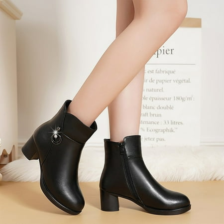 

Tawop Casual Shoes for Women Low Heel Leather Shoes Boot Zipper Round Toe Boot Rubber Black 37(Us:6)