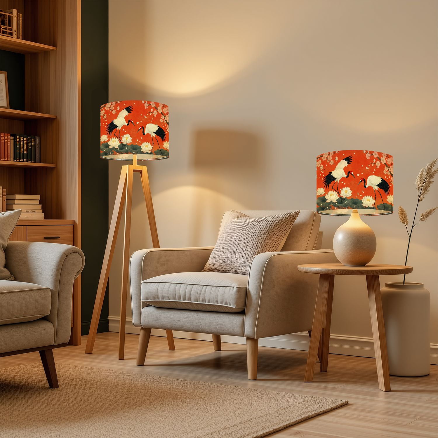 Lampshades 2 Pack Cranes Lotus Cherry Blossom Japanese Wildlife Oriental 13"x13"x10" Light Shade for Table Lamps Floor Lamp Shades Lampshade Replacement Easy Assembly