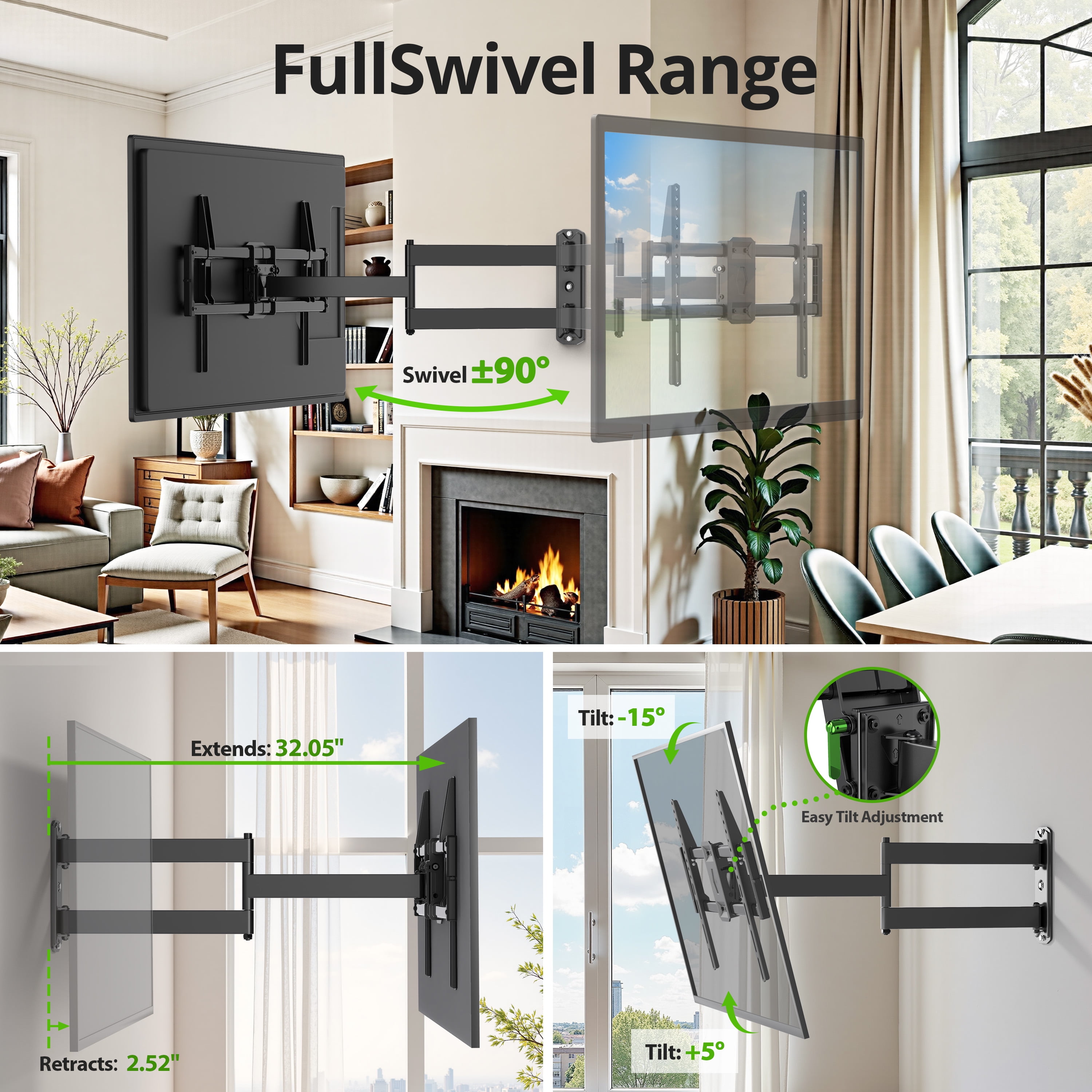 USX MOUNT Corner Full Motion TV Wall Mount for 32-80" TVs, 32.37" Extension, Swivel Tilt Arm, Max VESA 600x400mm, Holds 100 lbs