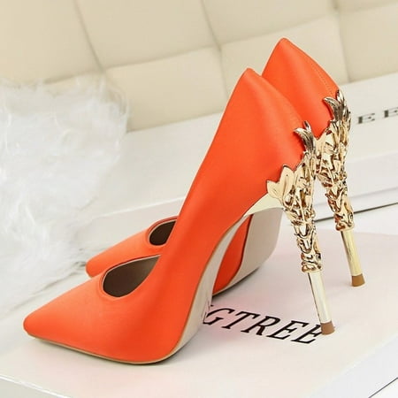 

Metal Carved Thin Heel High Heels Pumps Women Shoes 2018 Sexy Pointed Toe Ladies Shoes Fashion Candy Colors Wedding Shoes Woman