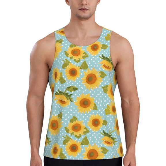 Fuzoiu White Polka Dot Sunflower A Print Men's Workout Tank Tops,Sleeveless Gym Shirt Quick Dry,Fitness Bodybuilding T-Shirt,Muscle Athletic Workout Tee-