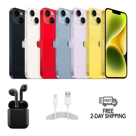 Restored Apple iPhone 14 A2649 (Fully Unlocked) 128GB Blue w/ Wireless Earbuds (Refurbished)