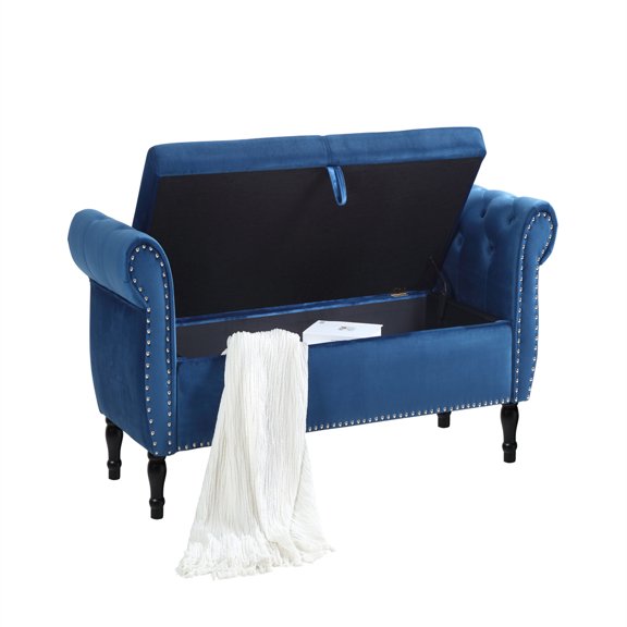 Nmkwnr Upholstered Velvet Storage Bench with Wood Legs,Blue