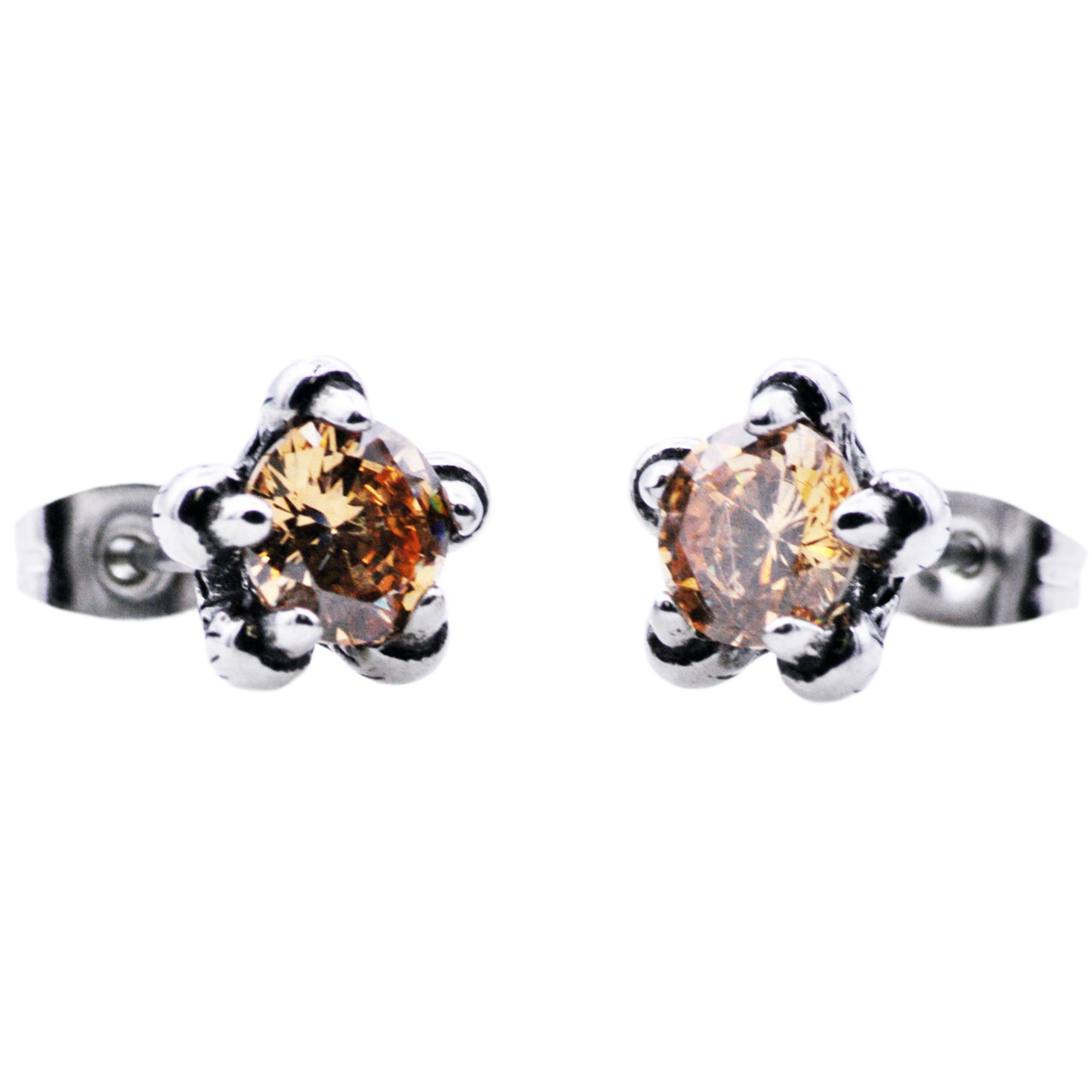 Mens Stainless Steel Claw Earrings With Champagne Cubic Zirconia