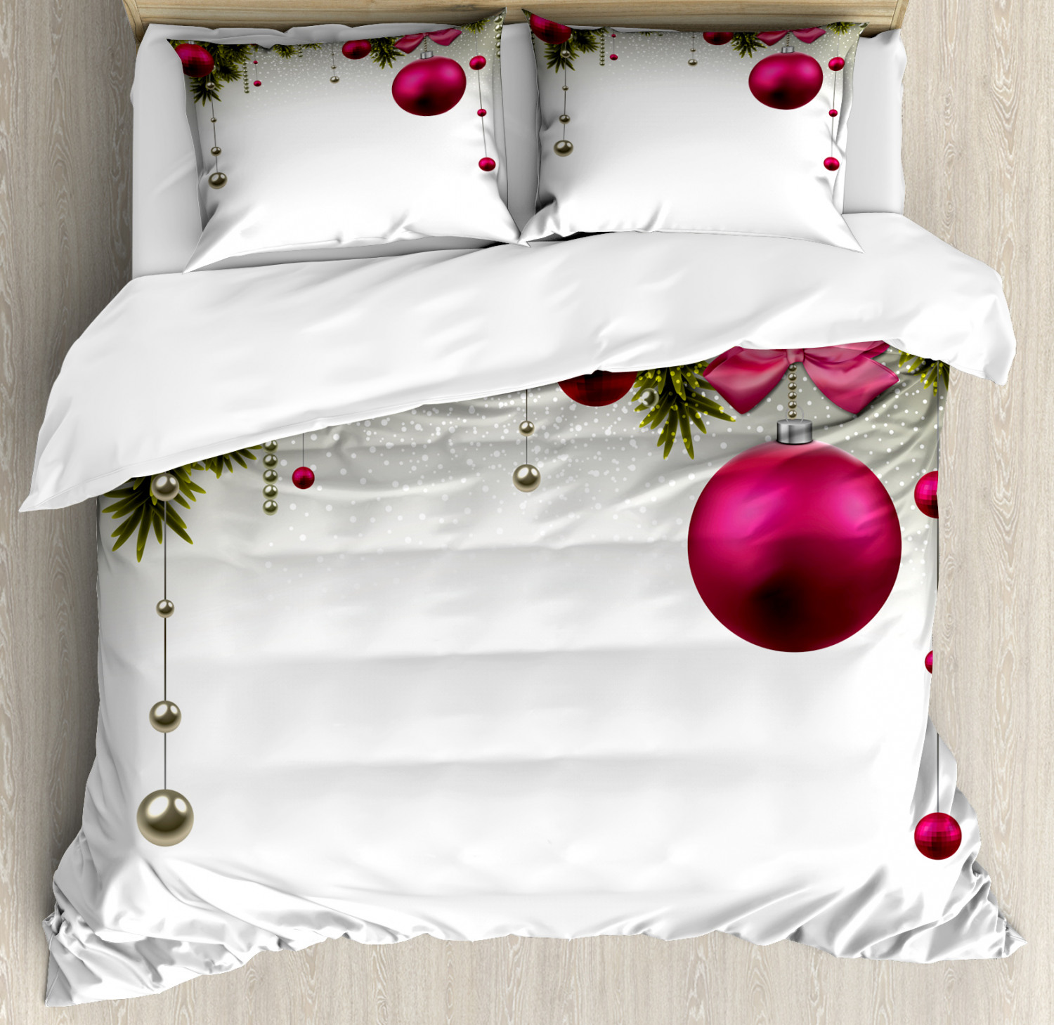 Christmas King Size Duvet Cover Set, Vivid Fir Twigs and Magenta Balls