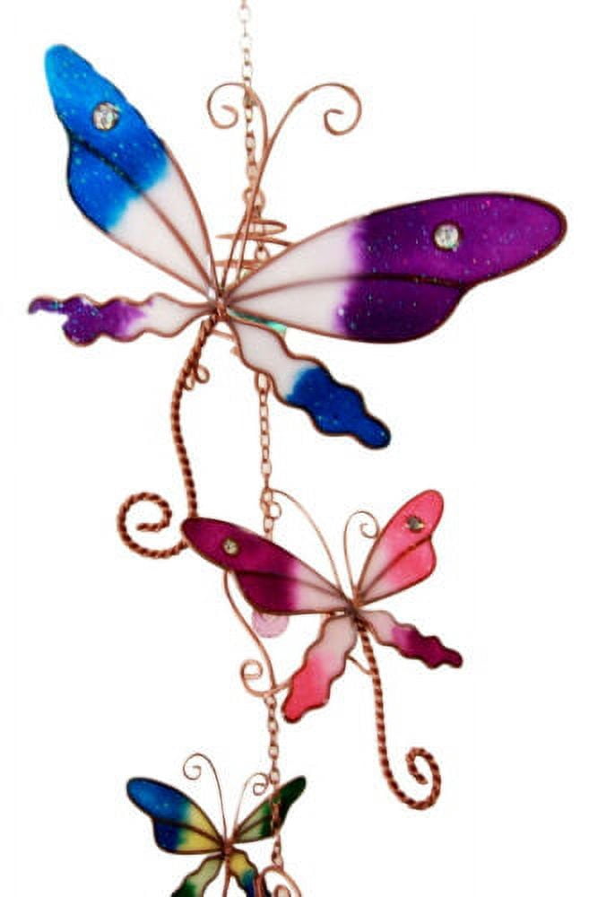 Stained Glass Colorful Three Butterflies Copper Metal Wind Chime 40"Long Decor