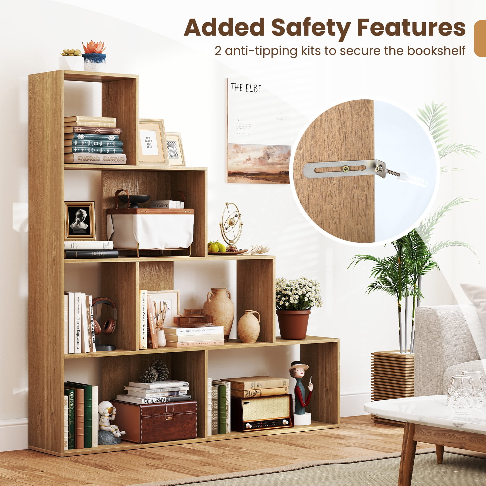 Giantex 4-Tier Stepped Bookshelf, Freestanding Ladder Storage Shelf w/ 6 Cubes, Modern Display Rack, Natural