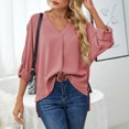 thumbnail image 3 of Blouse Long Sleeve V Neck Pure Color Ruffle Rolled Cuffs Fashionable Casual Tops for Women Pink M, 3 of 6