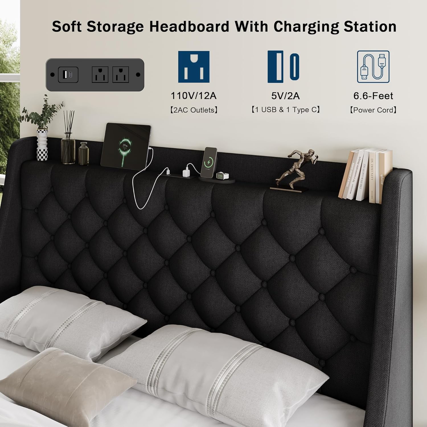 Galnfu Full Bed Frame with 4 Storage Drawers, Giant Upholstered Wingback Headboard, Fast Charging Station, No Box Spring Needed, Noise-Free,Black