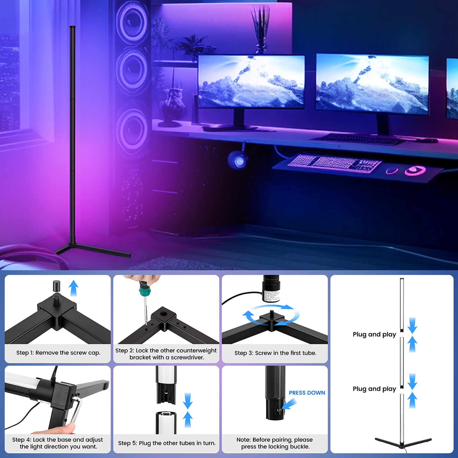 New Bee 49" Gaming APP and Remote Control Aluminum Alloy Corner Floor Lamp (2 Count)