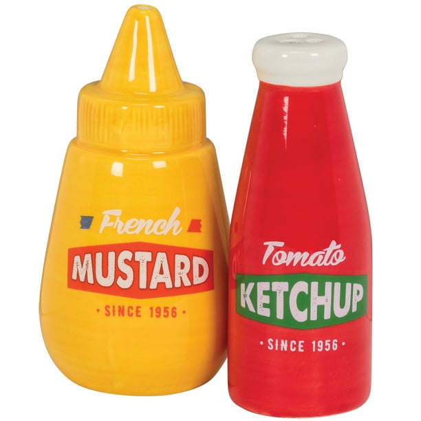 Mustard And Ketchup Salt & Pepper Shakers Handpainted Ceramic Seasoning Set